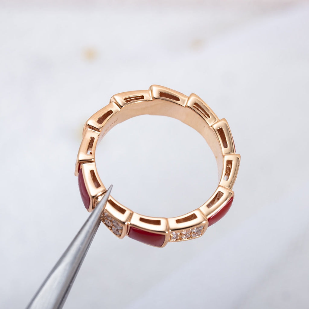 BVLGARI SERPENTI RING PINK GOLD CARNELIAN DIAMOND PAVED 4MM
