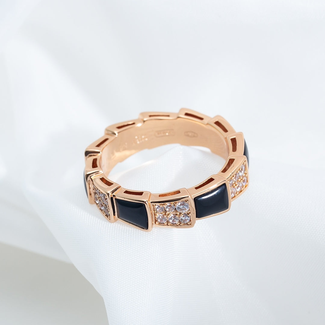 BVLGARI SERPENTI RING PINK GOLD BLACK MOP DIAMOND PAVED 4MM