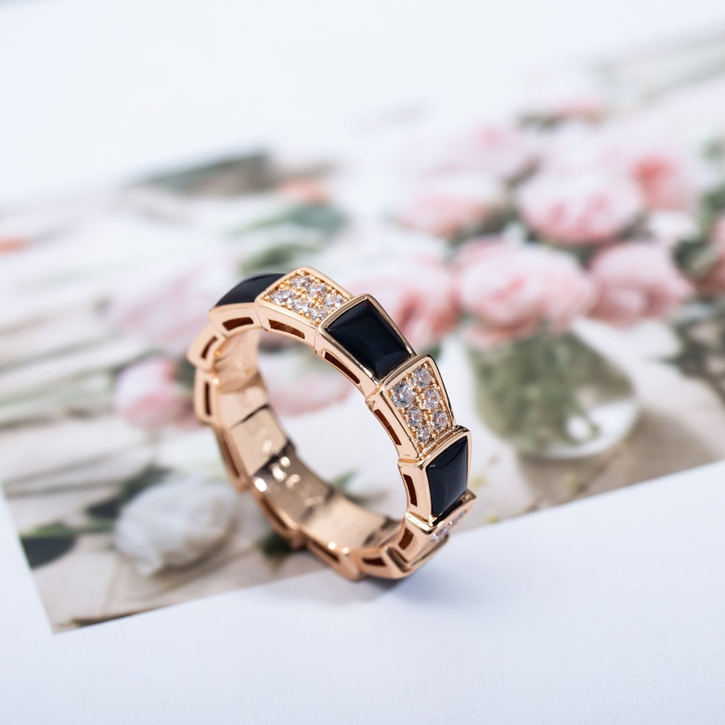 BVLGARI SERPENTI RING PINK GOLD BLACK MOP DIAMOND PAVED 4MM
