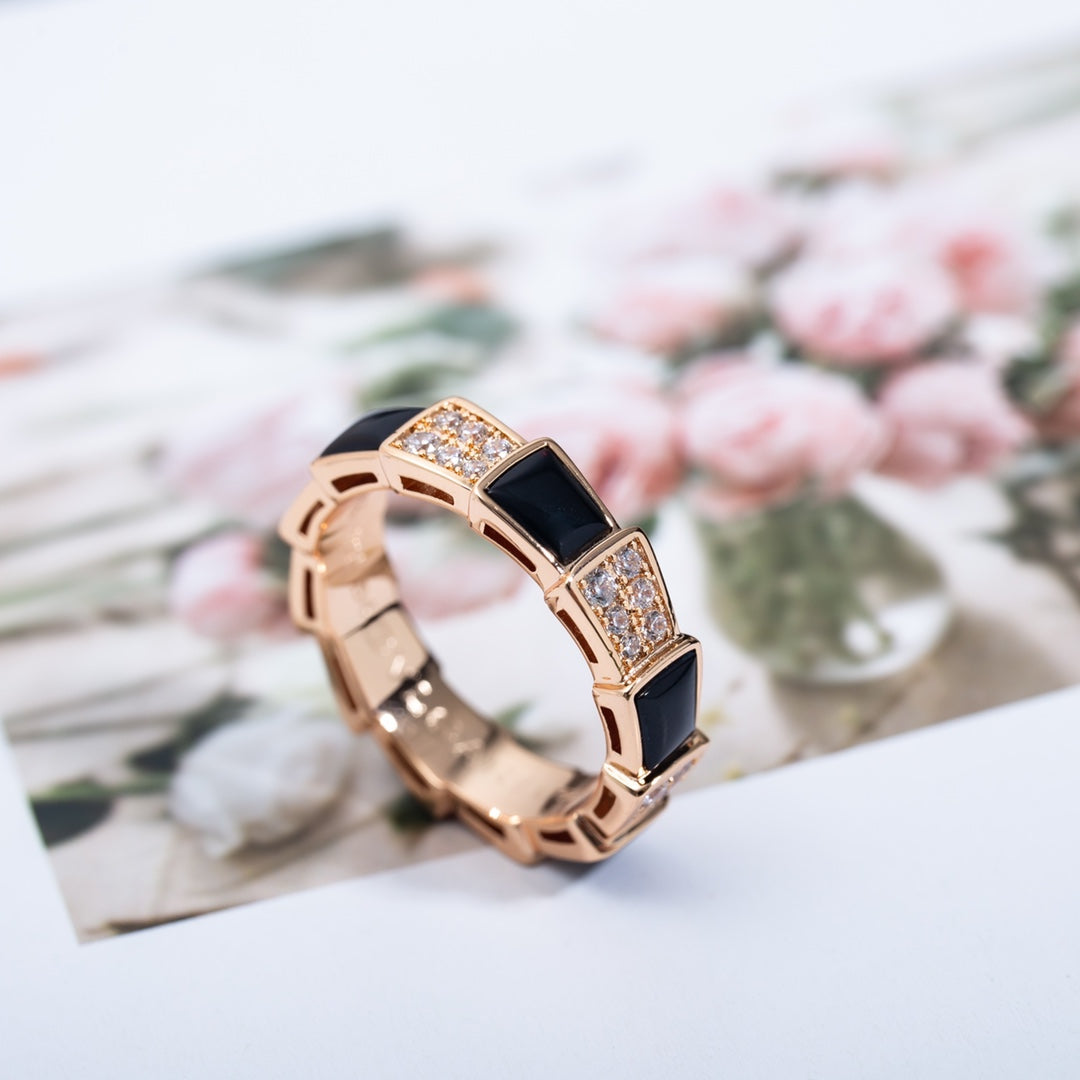 BVLGARI SERPENTI RING PINK GOLD BLACK MOP DIAMOND PAVED 4MM