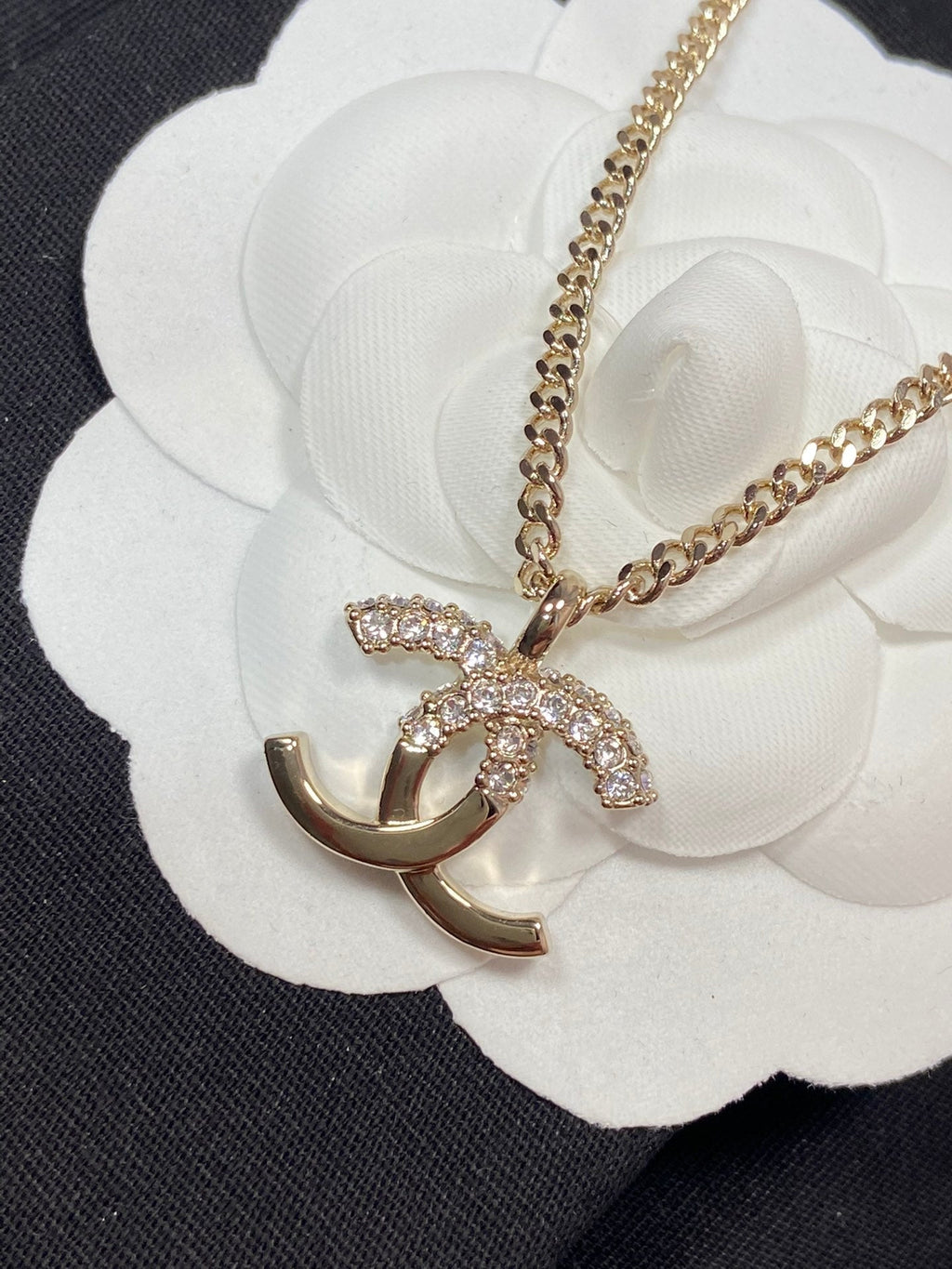 Chanel Pedant Half Diamond Pink Gold Necklace