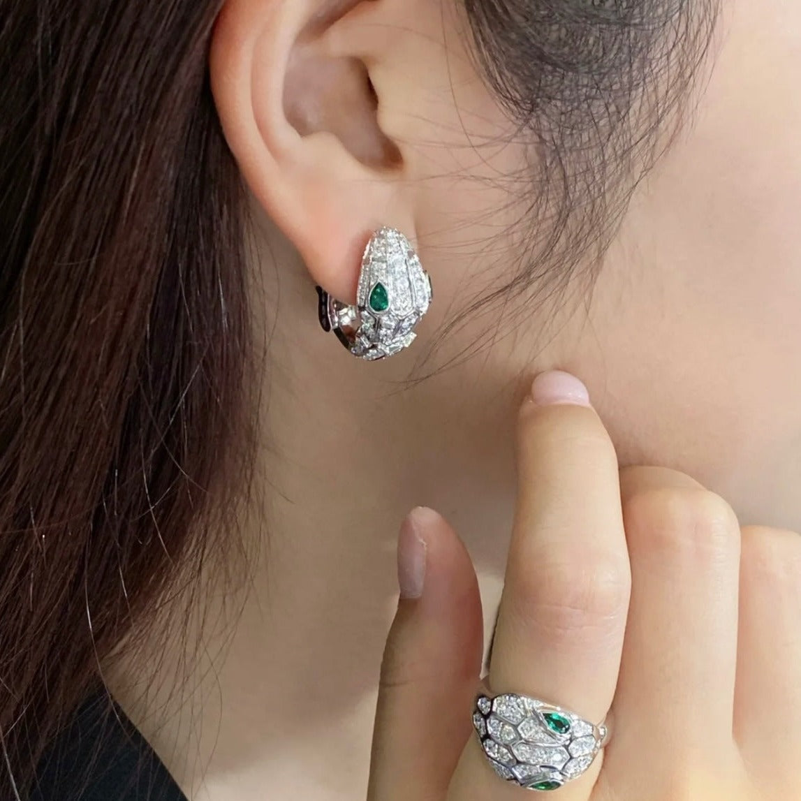 BVLGARI BVL SILVER DIAMOND SMALL SERPENT EARRINGS