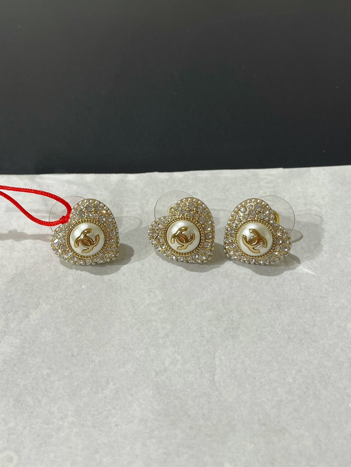 Chanel Heart Diamond Paved Mop Stud Earrings