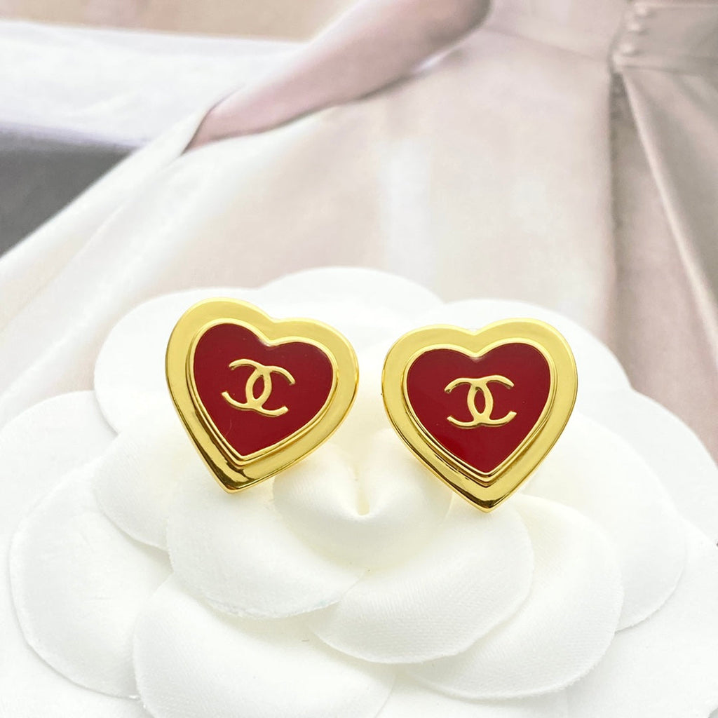 Chanel Red Enamel Gold Double C Heart Earrings