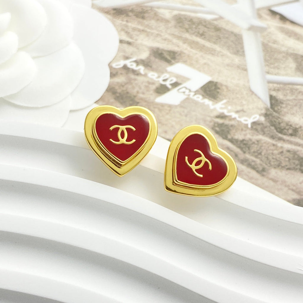 Chanel Red Enamel Gold Double C Heart Earrings