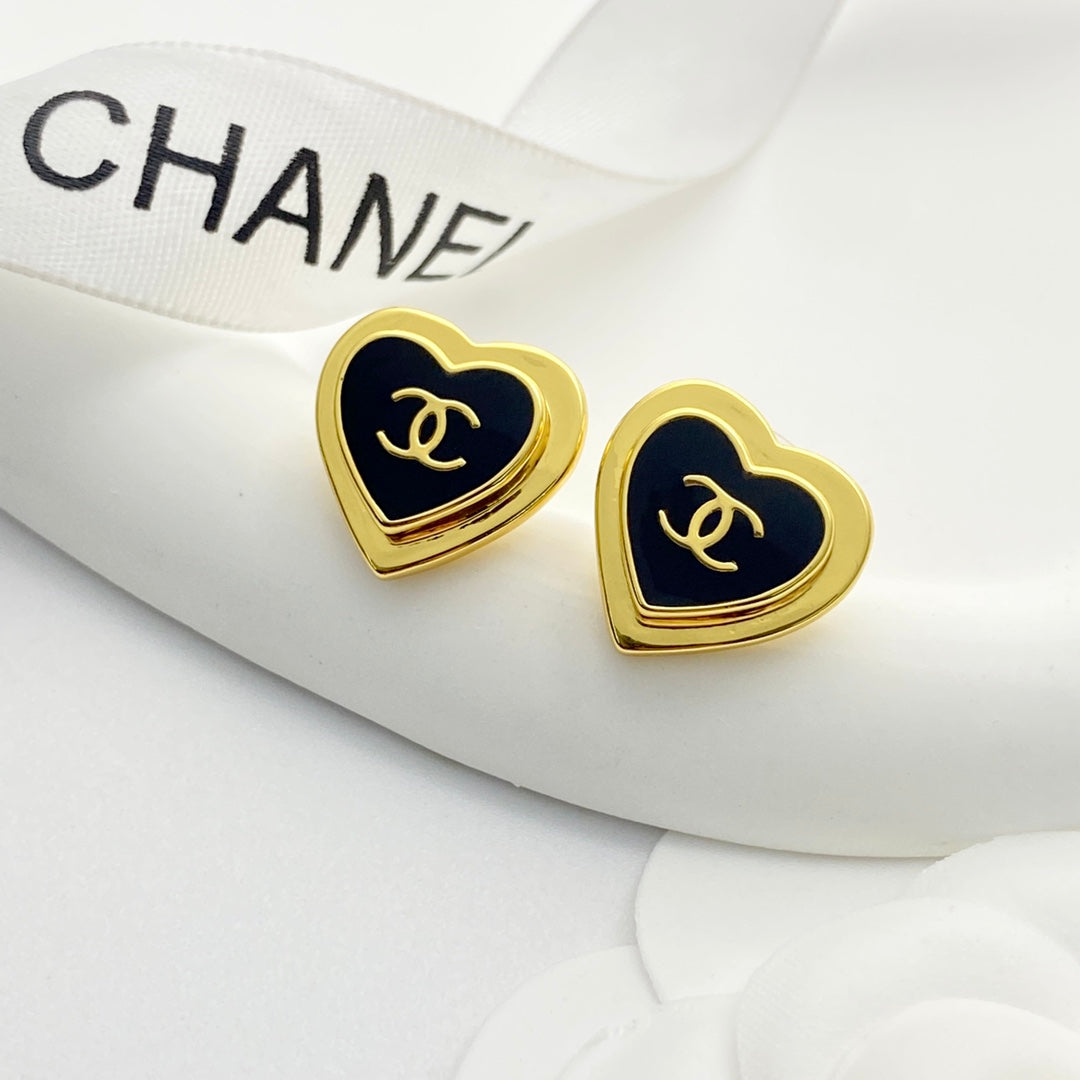 Chanel Black Enamel Gold Double C Heart Earrings