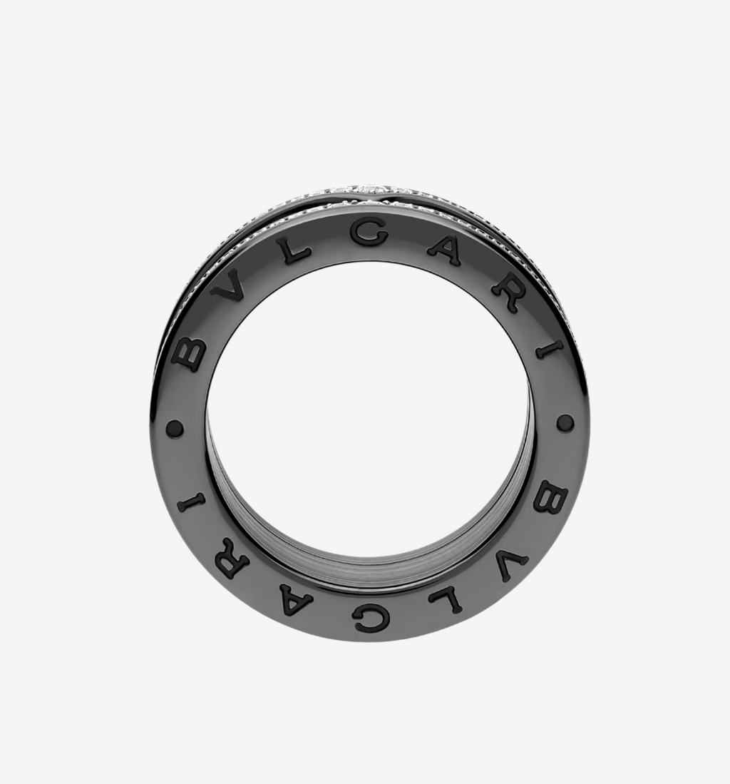 BVLGARI ZERO 1 ROCK FOUR-BAND BLACK CERAMIC WITH STUDDED SPIRAL AND PAVED DIAMONDS RING