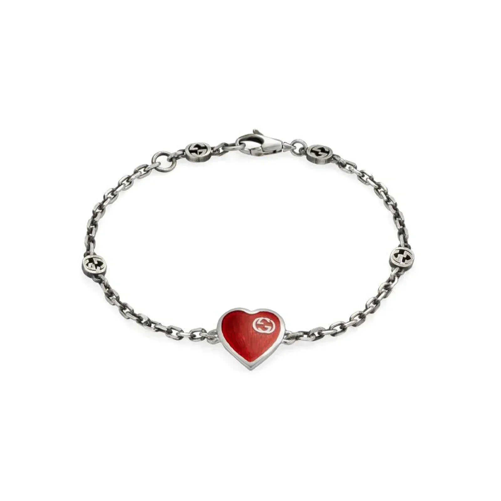 GUCCI GG HEART AGED FINISH STERLING SILVER RED ENAMEL BRACELET