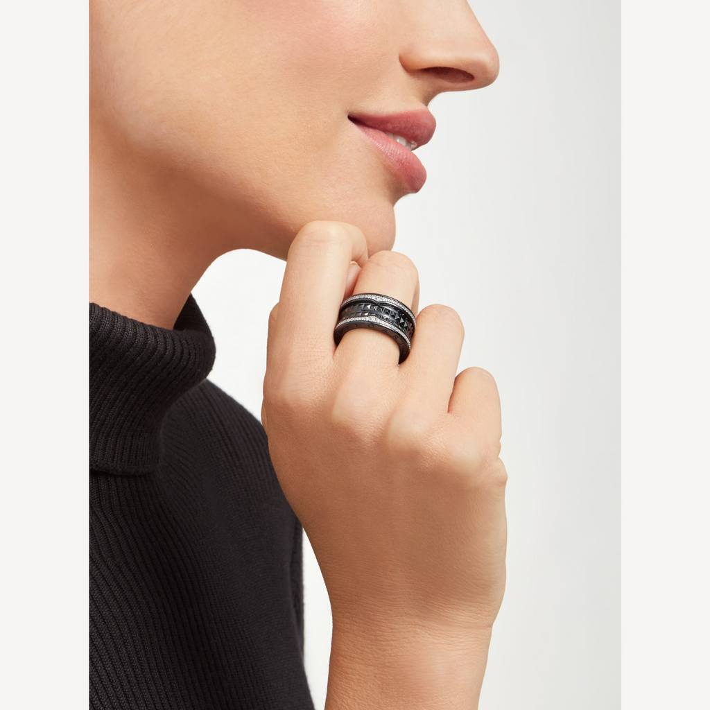 BVLGARI ZERO 1 ROCK FOUR-BAND BLACK CERAMIC WITH STUDDED SPIRAL AND PAVED DIAMONDS RING