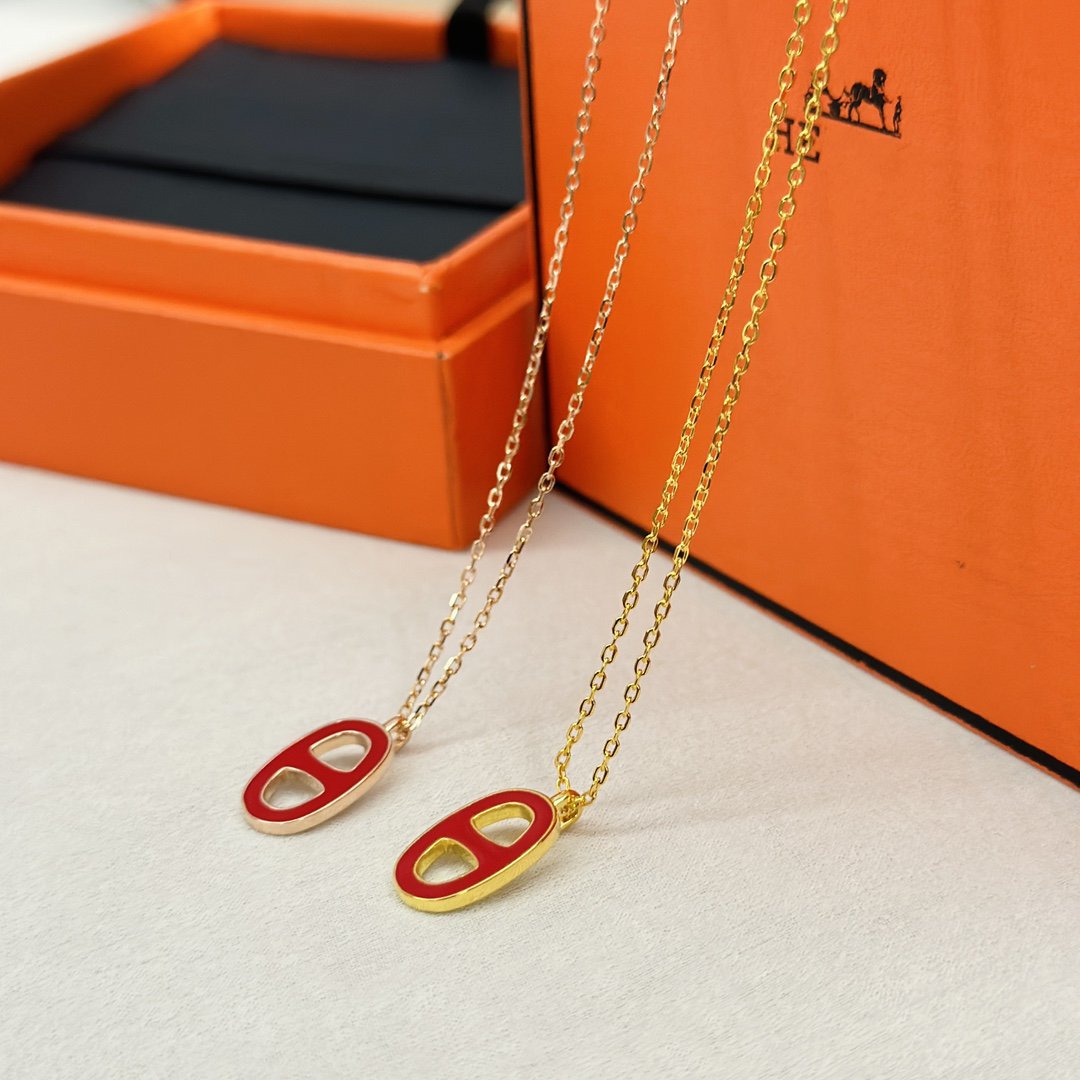 HERMES CHAINE SMALL RED NECKLACE GOLD AND PINK GOLD