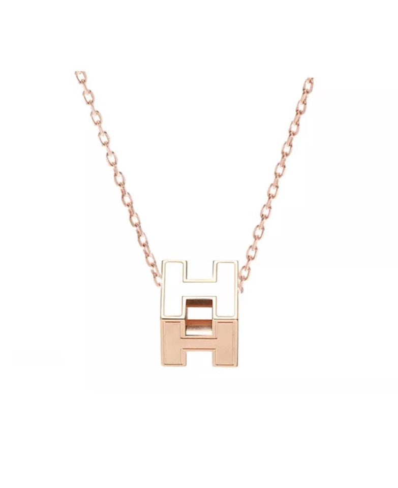 HERMES H WHITE SQUARE PINK GOLD NECKLACE