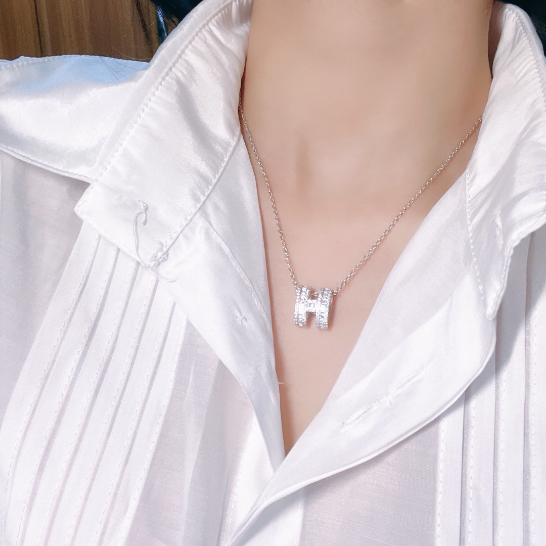 HERMES POP H SILVER FULL DIAMOND NECKLACE