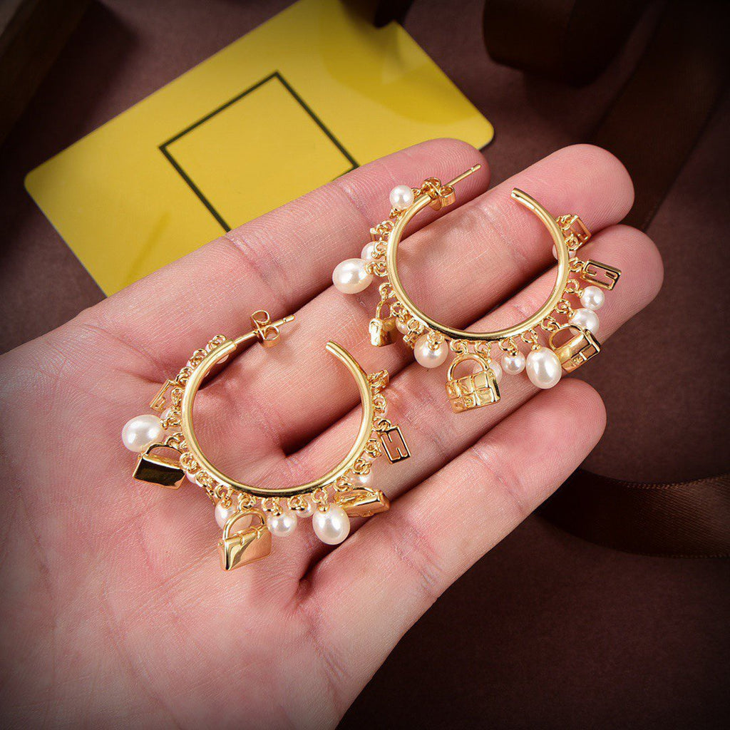 FENDI F BUCKLE PEARL GOLD EARRINGS