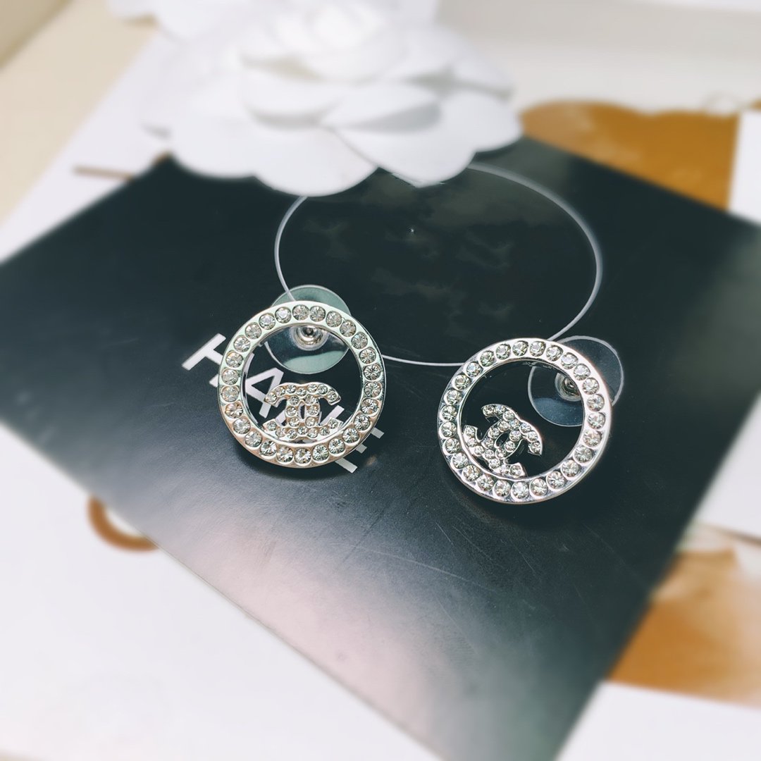 Chanel Double C Silver Diamond Stud Earrings