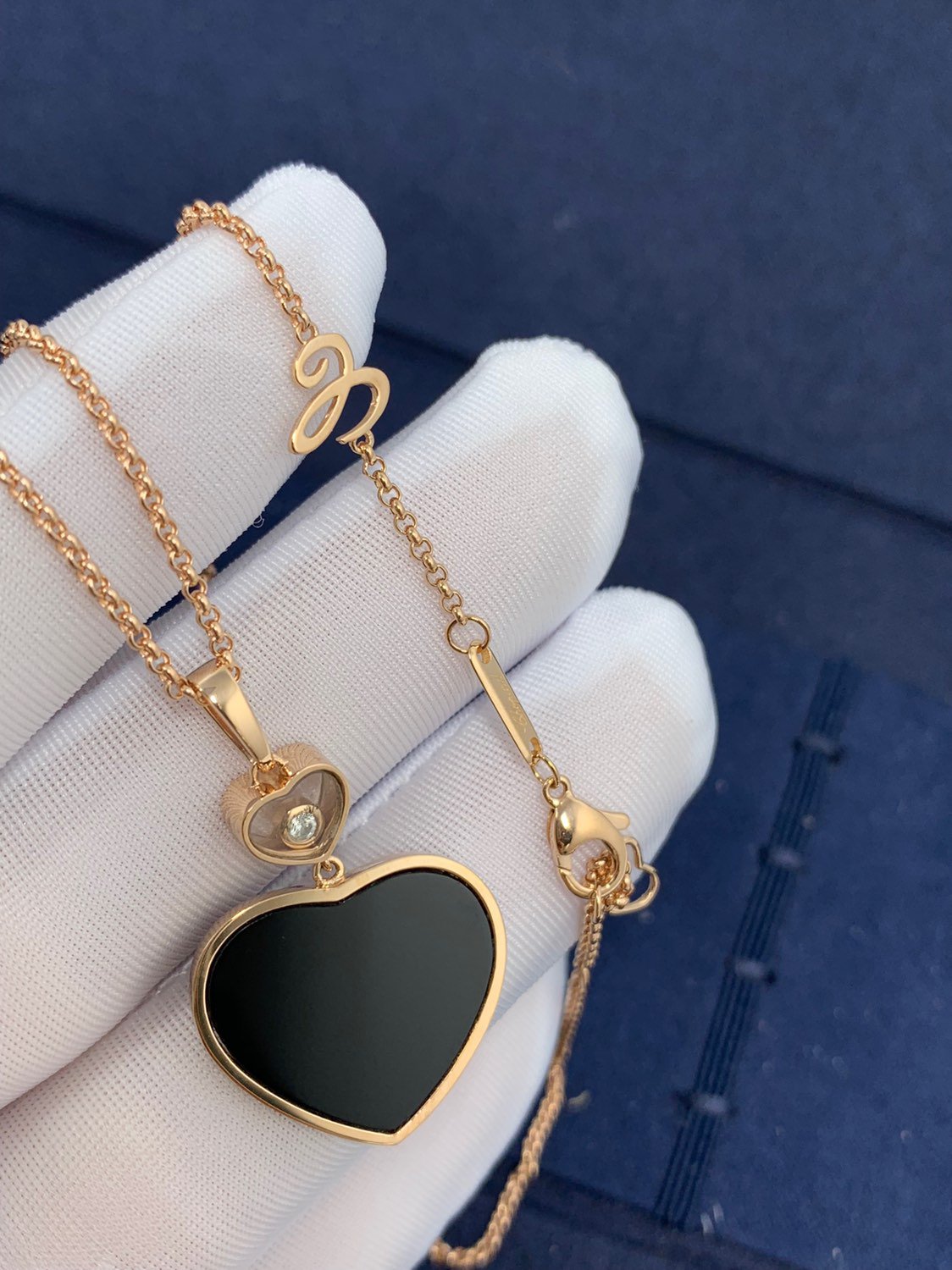 CHOPARD HAPPY HEART ONYX NECKLACE PINK GOLD DIAMOND