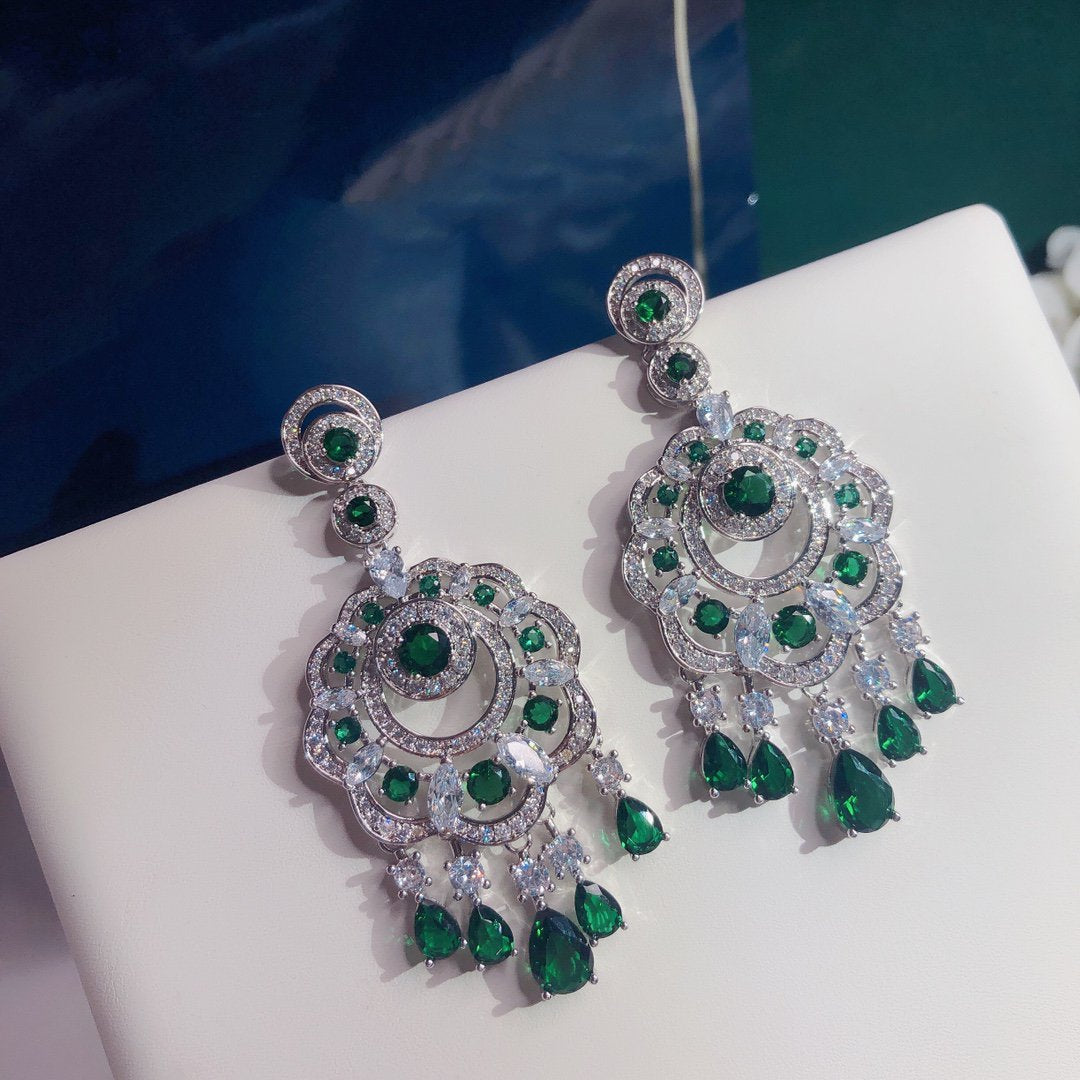 GRAFF GRA FLOWER SILVER GREEN DIAMOND DROP EARRINGS