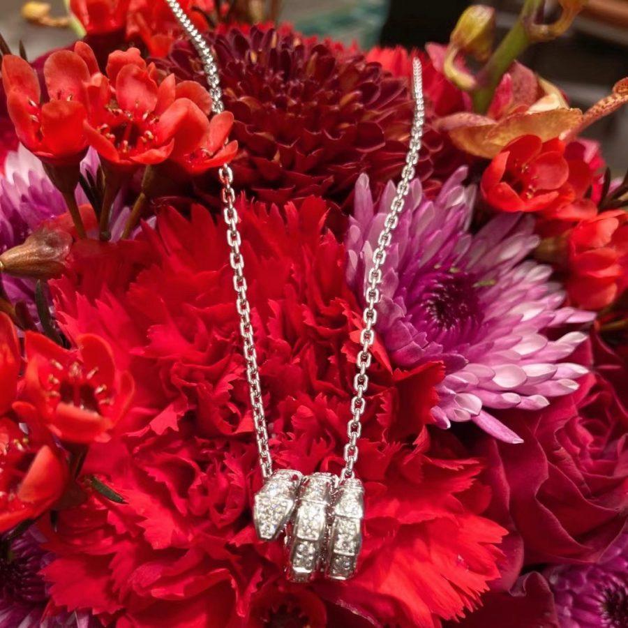 BVLGARI SERPENTI SILVER NECKLACE DOUBLE RING DIAMOND