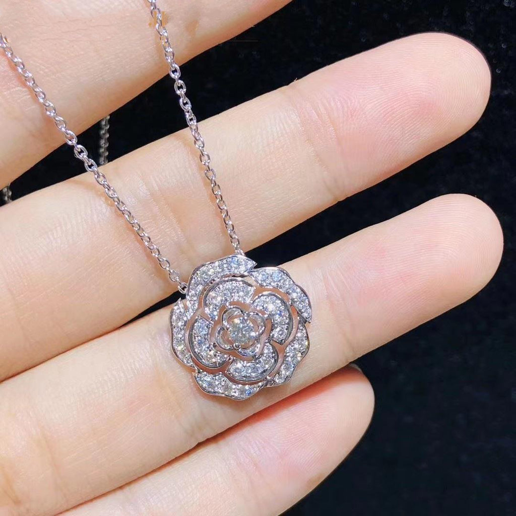 Chanel Bouton De Camelia Necklace Silver Diamond