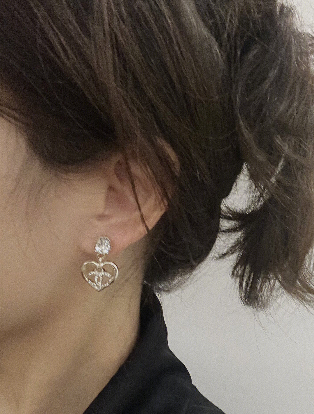 Chanel Strass Crystal Heart Drop Light Gold Earrings