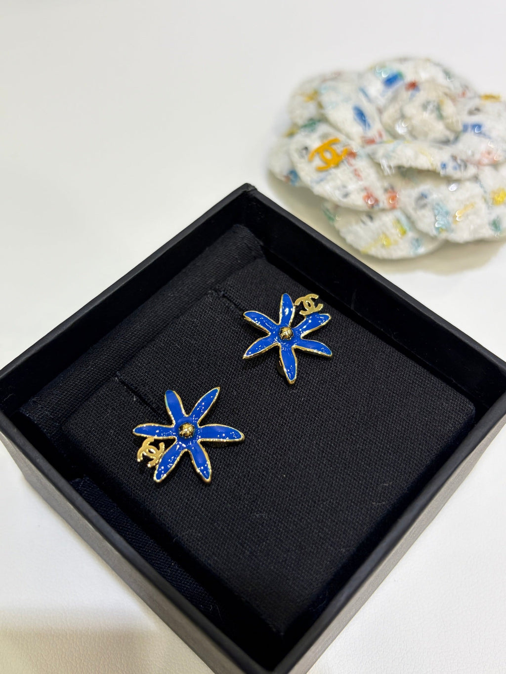 Chanel 2026 Gold Double C Blue And Yellow Enamel Flower Stud Earrings