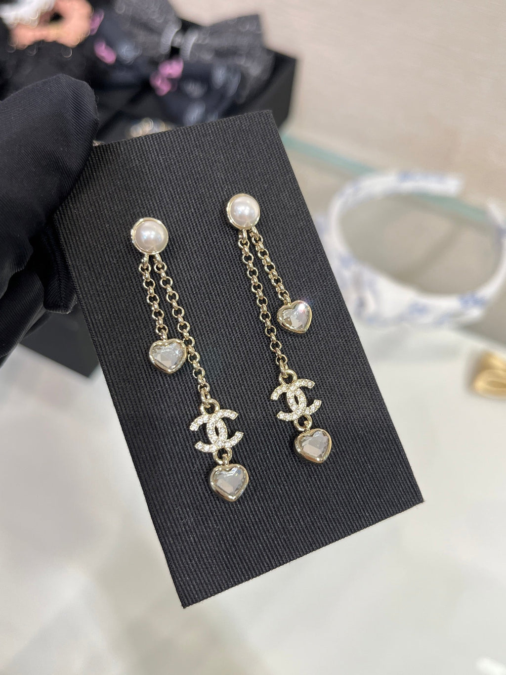 Chanel Light Gold Full Diamond Double C Heart Diamond Crystal Long Earrings