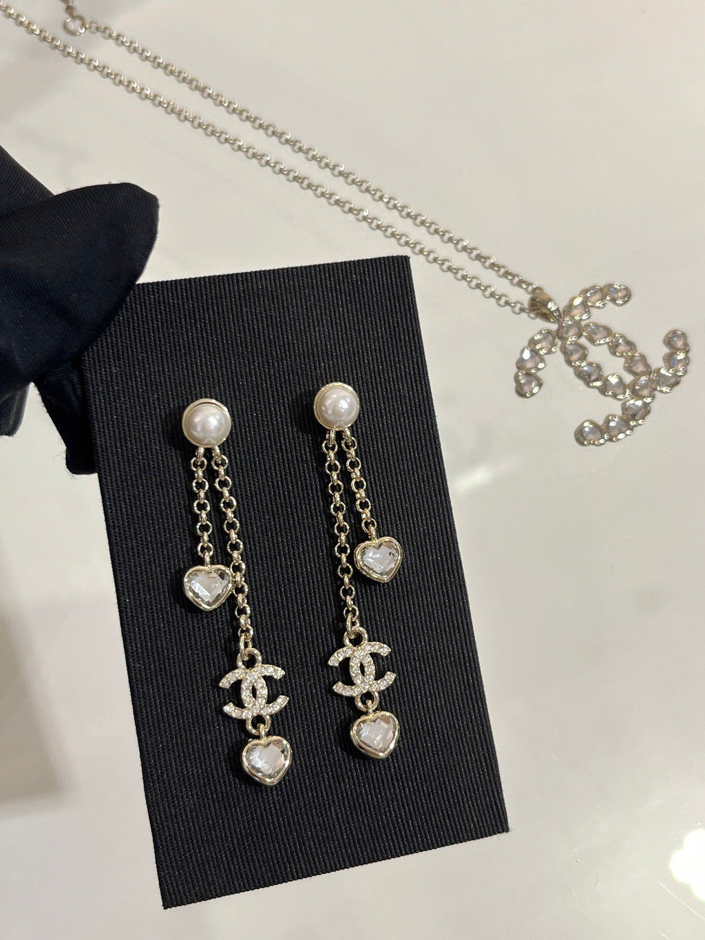 Chanel Light Gold Full Diamond Double C Heart Diamond Crystal Long Earrings