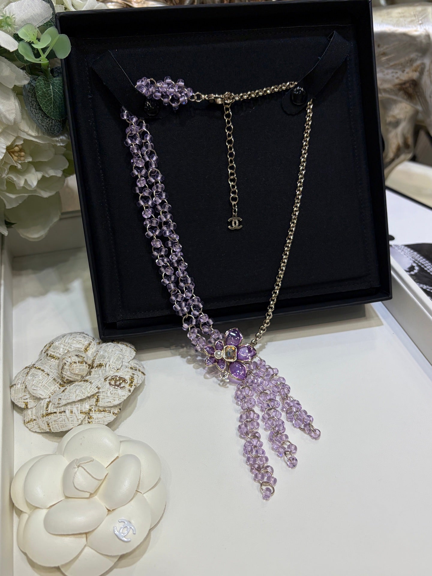 Chanel 2026 Double C Light Purple Beaded Asymmetrical Flower Necklace