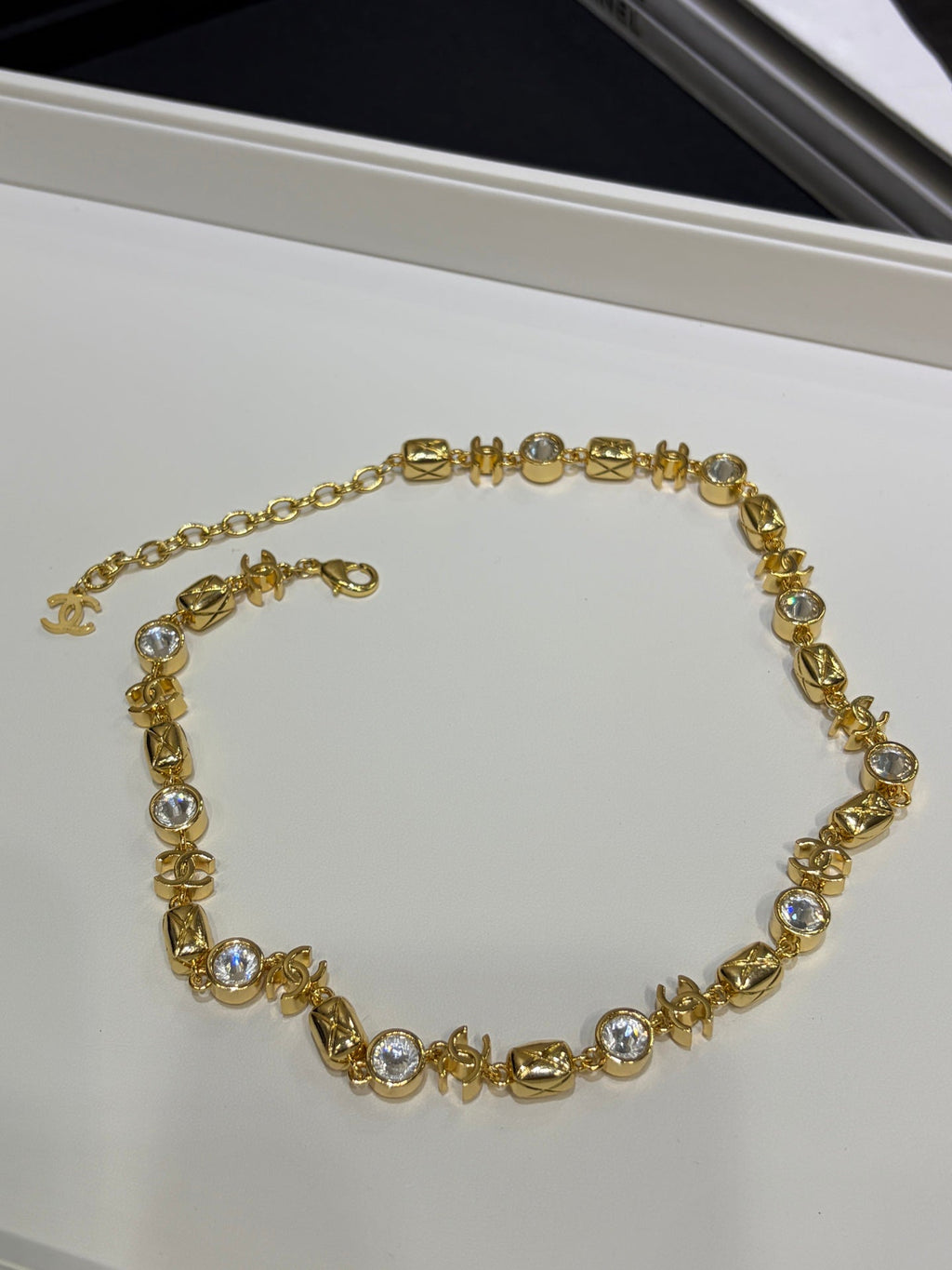 Chanel 2026 Gold Double C Diamond Pattern Crystal Necklace