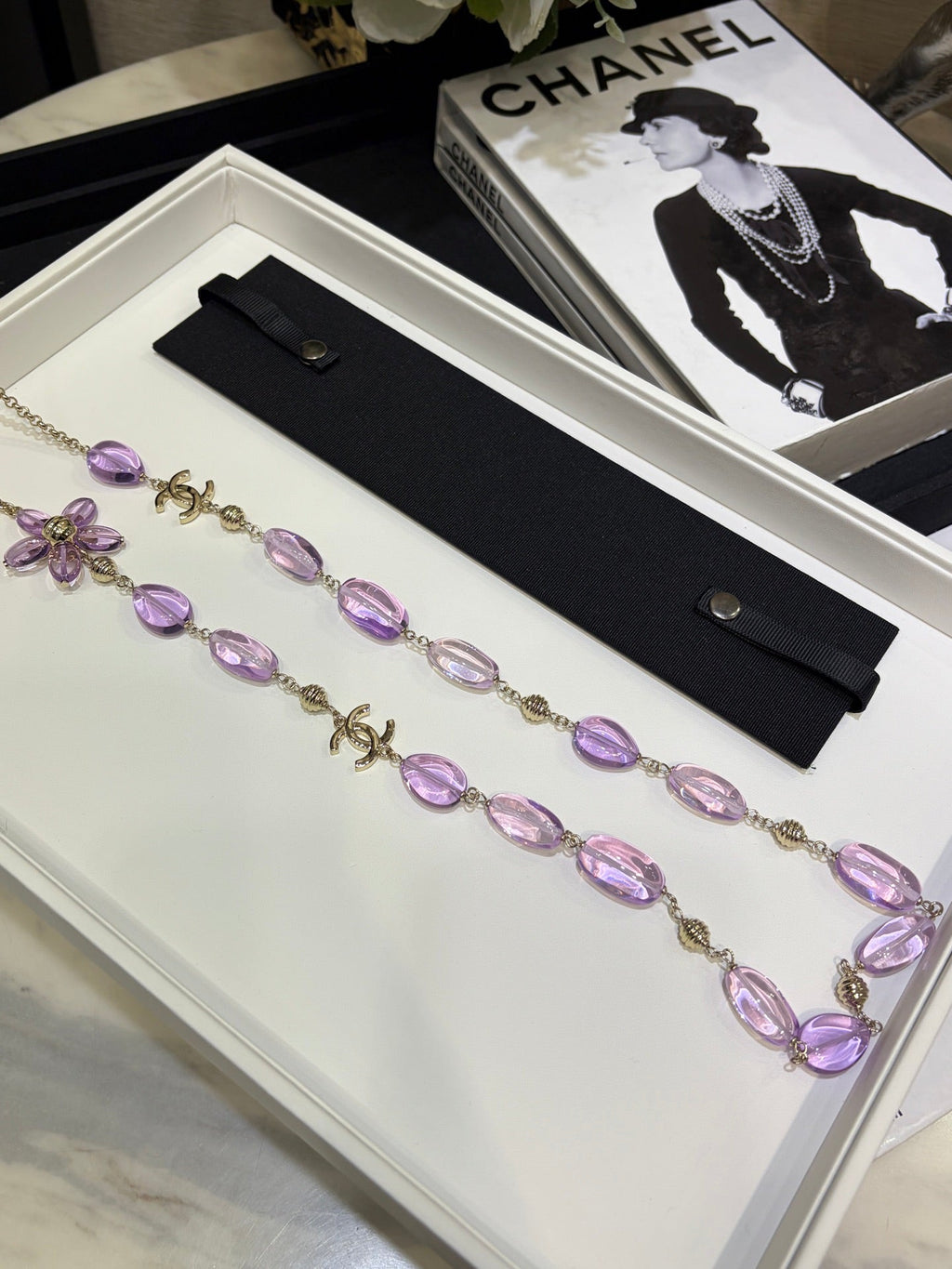Chanel 2026 Double C Purple Floral Acrylic Beaded Necklace