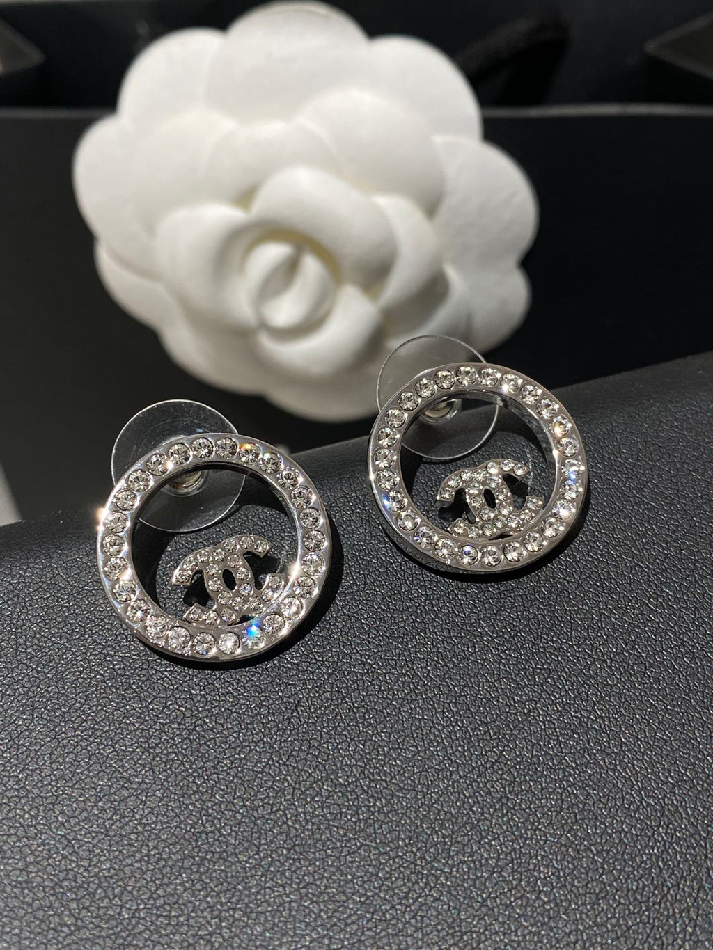 Chanel Classic Platinum Rhinestone Stud Sliver Earrings