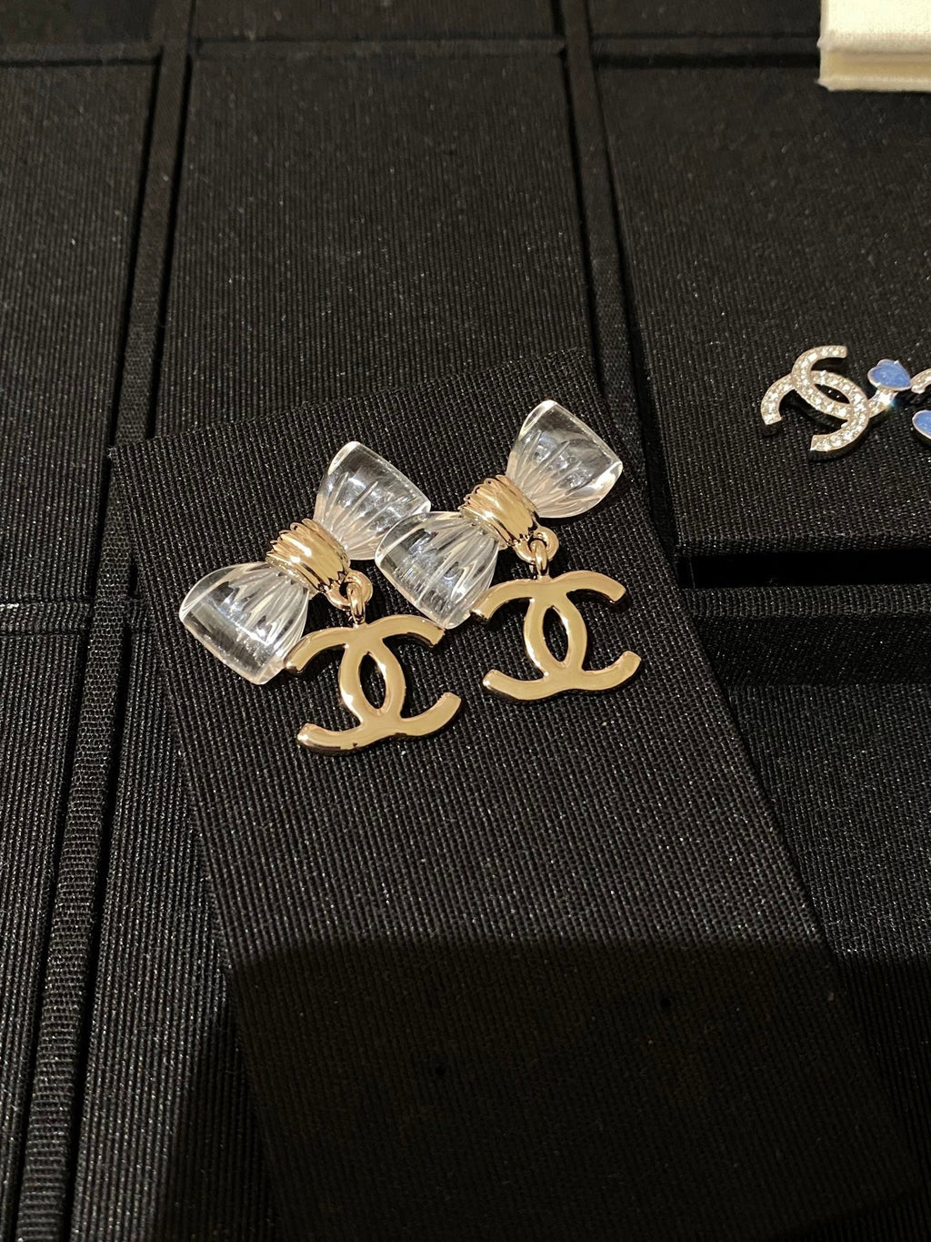 Chanel Transparent Acrylic Bow Gold Earrings
