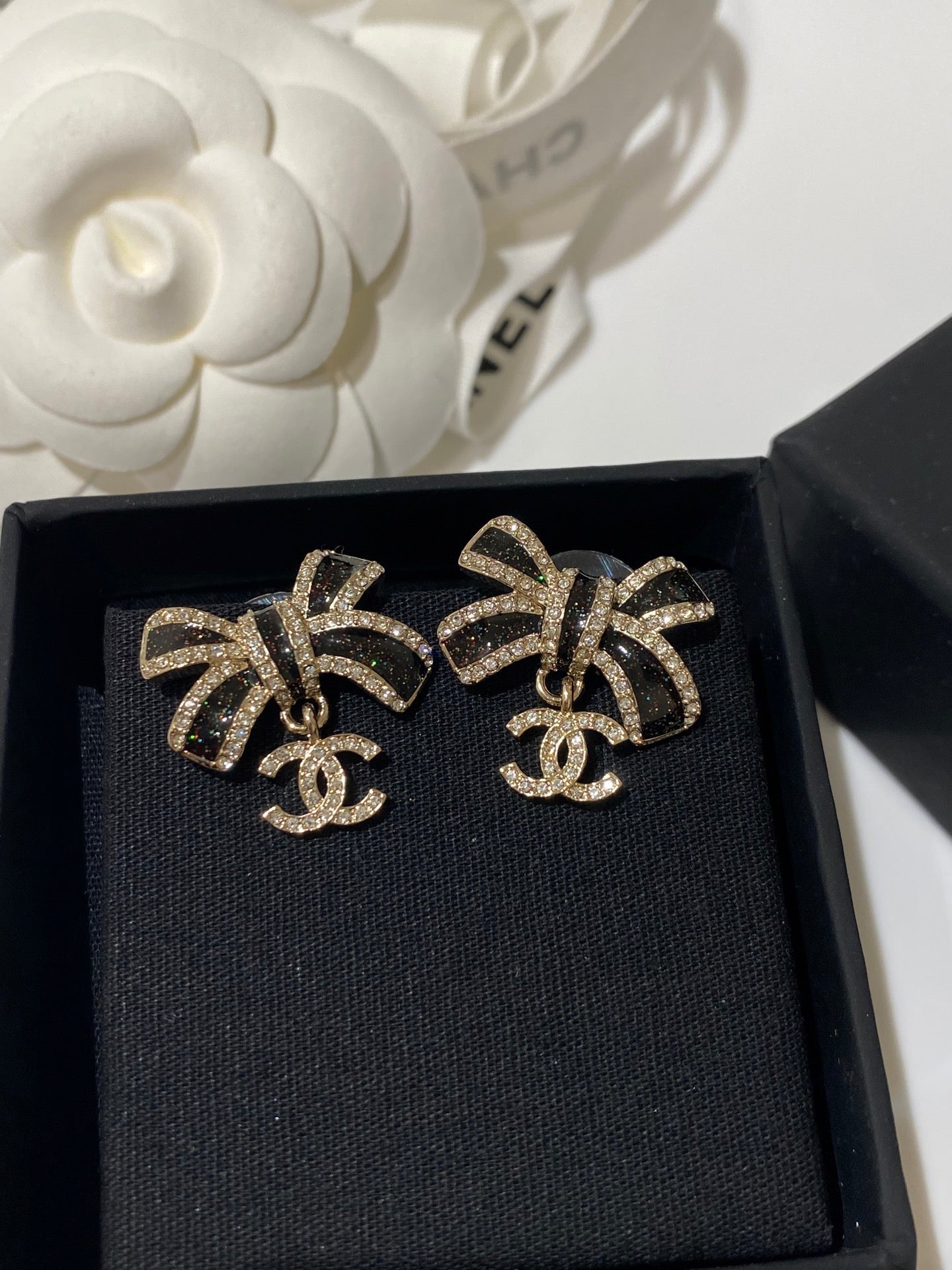 Chanel Crystals Black Enamel Bow Gold Earrings