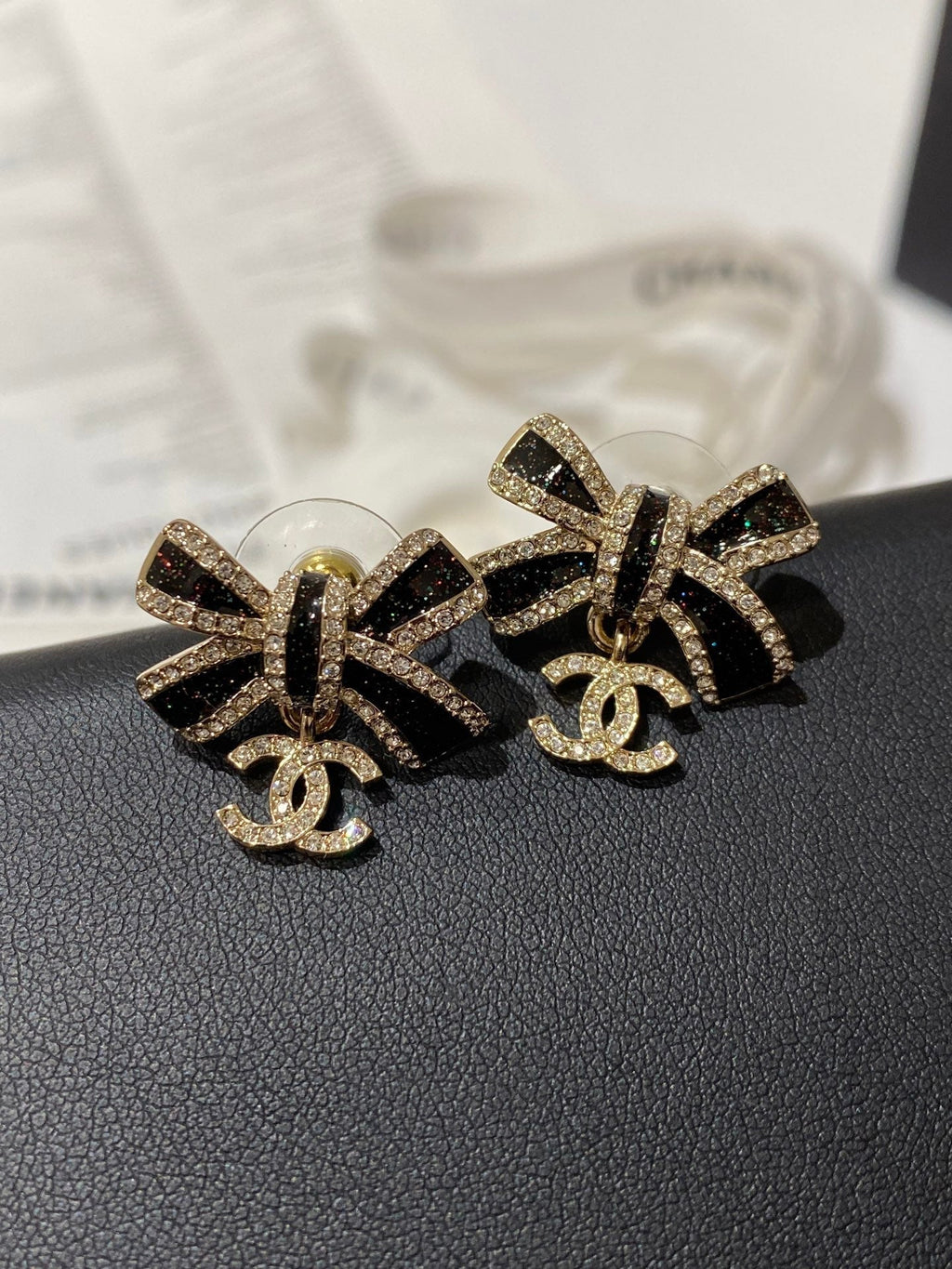 Chanel Crystals Black Enamel Bow Gold Earrings