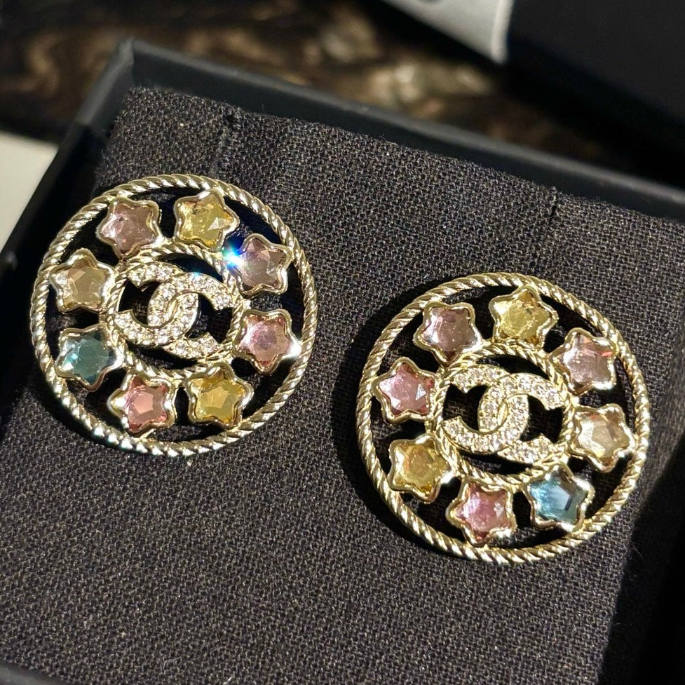 Chanel Colorful Star Openwork Diamond Double C Round Earrings