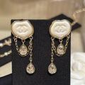 Chanel Cloud Double C Resin Double Teardrop Crystal Light Gold Chain Tassel Earrings