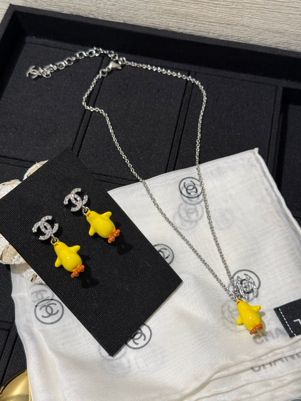Chanel 2026 Full Diamond Double C Little Yellow Chick Earrings