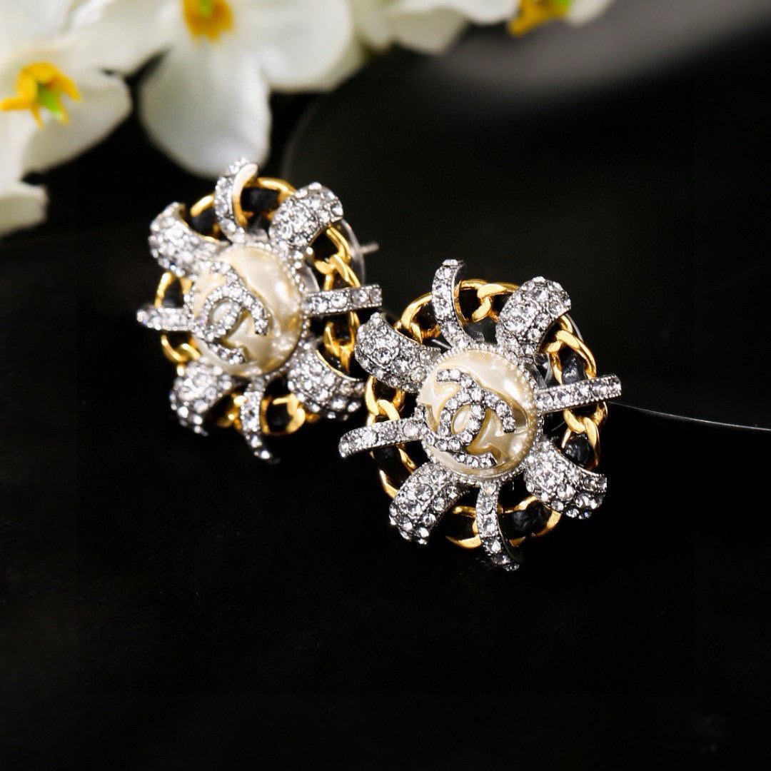 Chanel Mini Stud Sliver Gold Black Diamond Earring