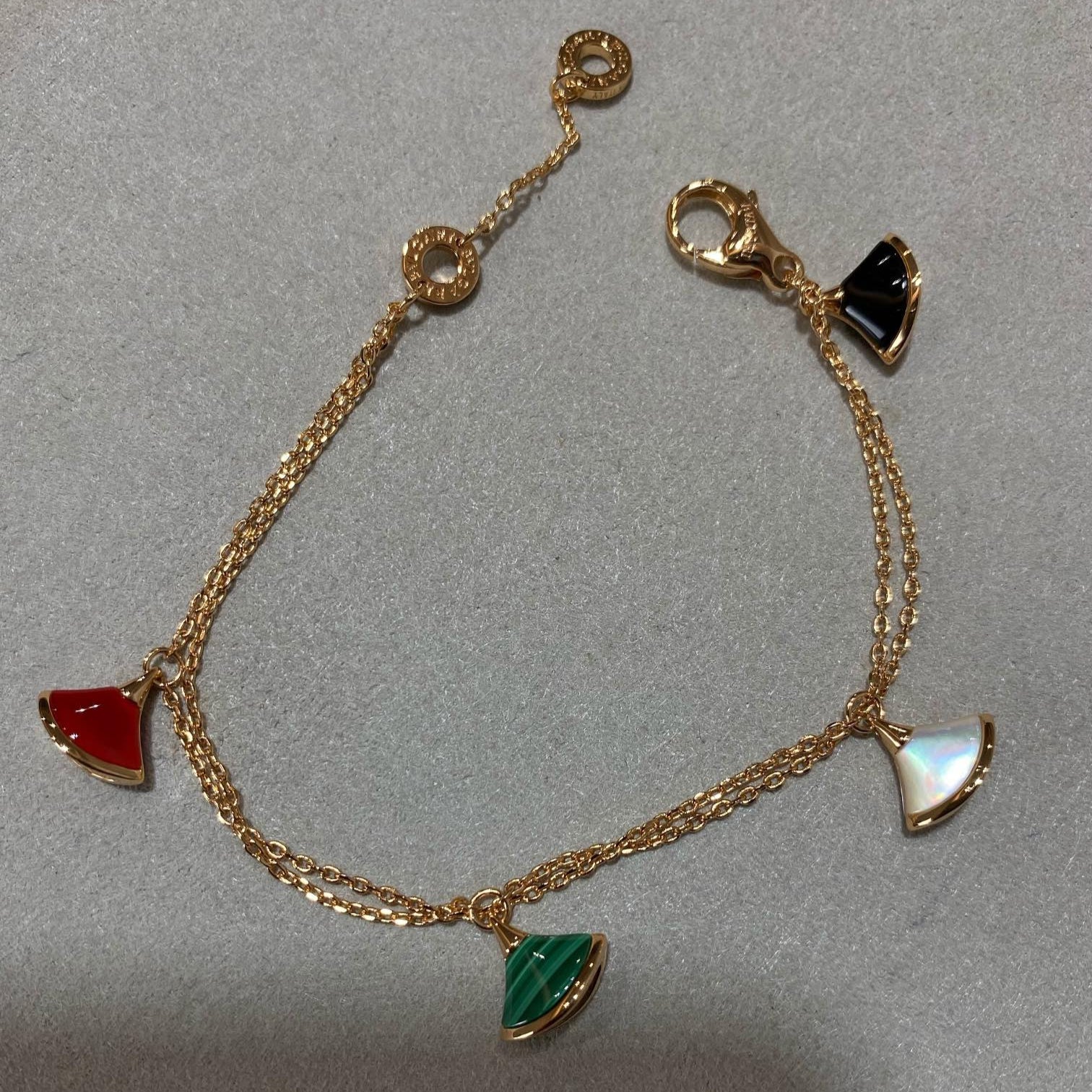 BVLGARI BVL 4 MOTIF MOP GOLD DOUBLE CHAIN BRACELET