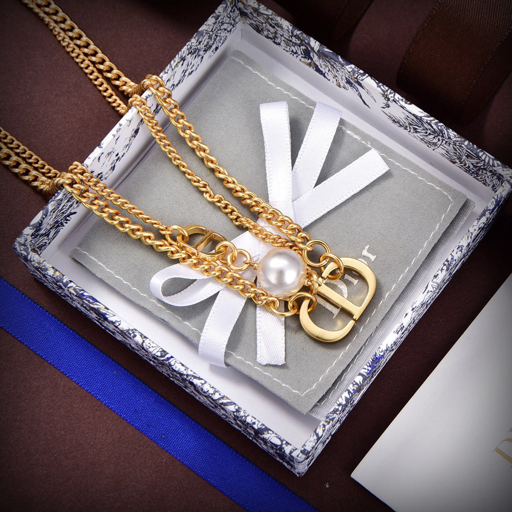 DIOR CD LOGO MOP GOLD DOUBLE CHAIN NECKLACE