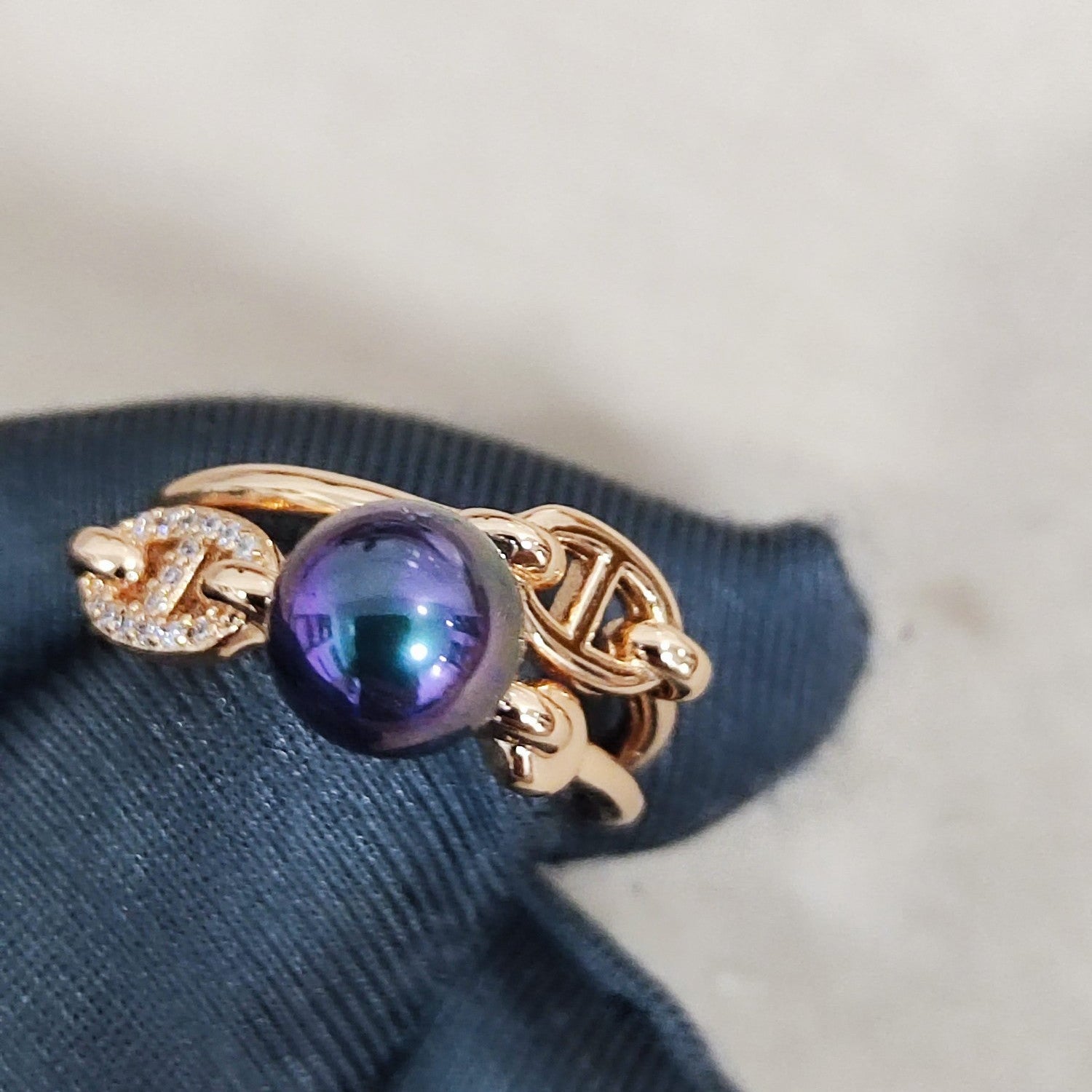 HERMES HM Pig Nose Black Pearl Rose Gold Ring