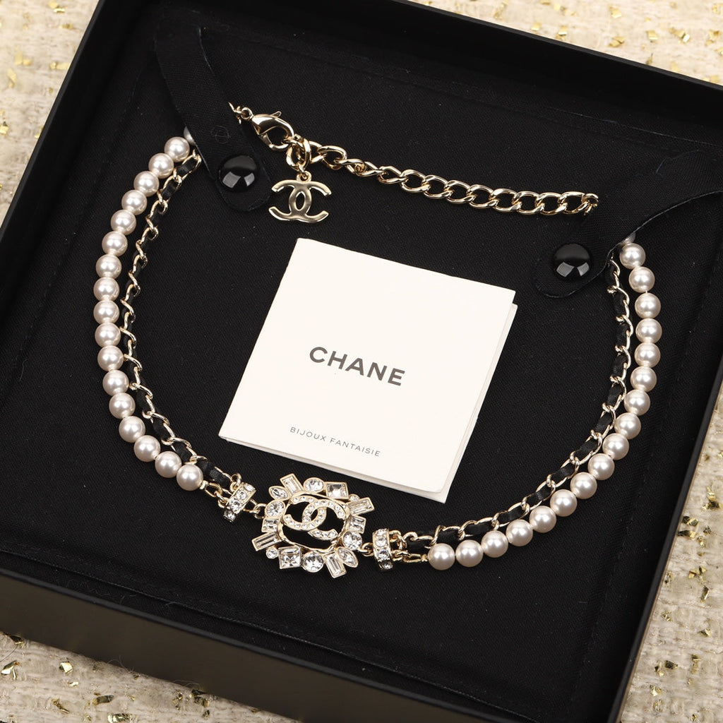 Chanel Pearls And Leather Straps Gold Necklace Type 2
